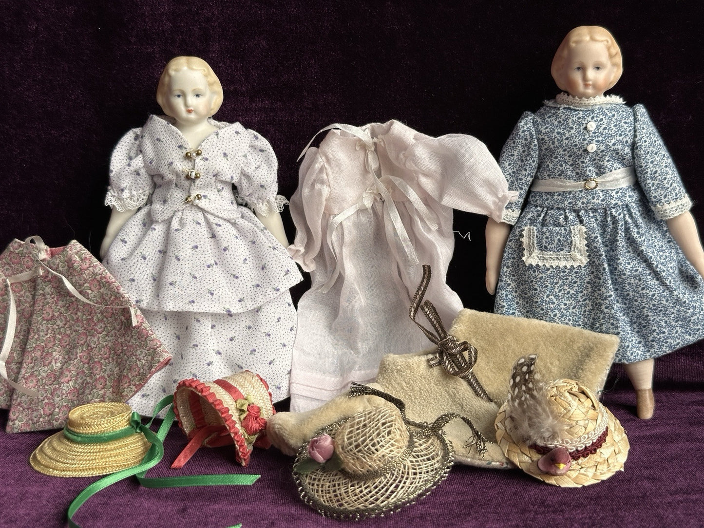 Lot of 2 Vintage Reproduction Miniature Parian Dolls with in Case with Wardrobe