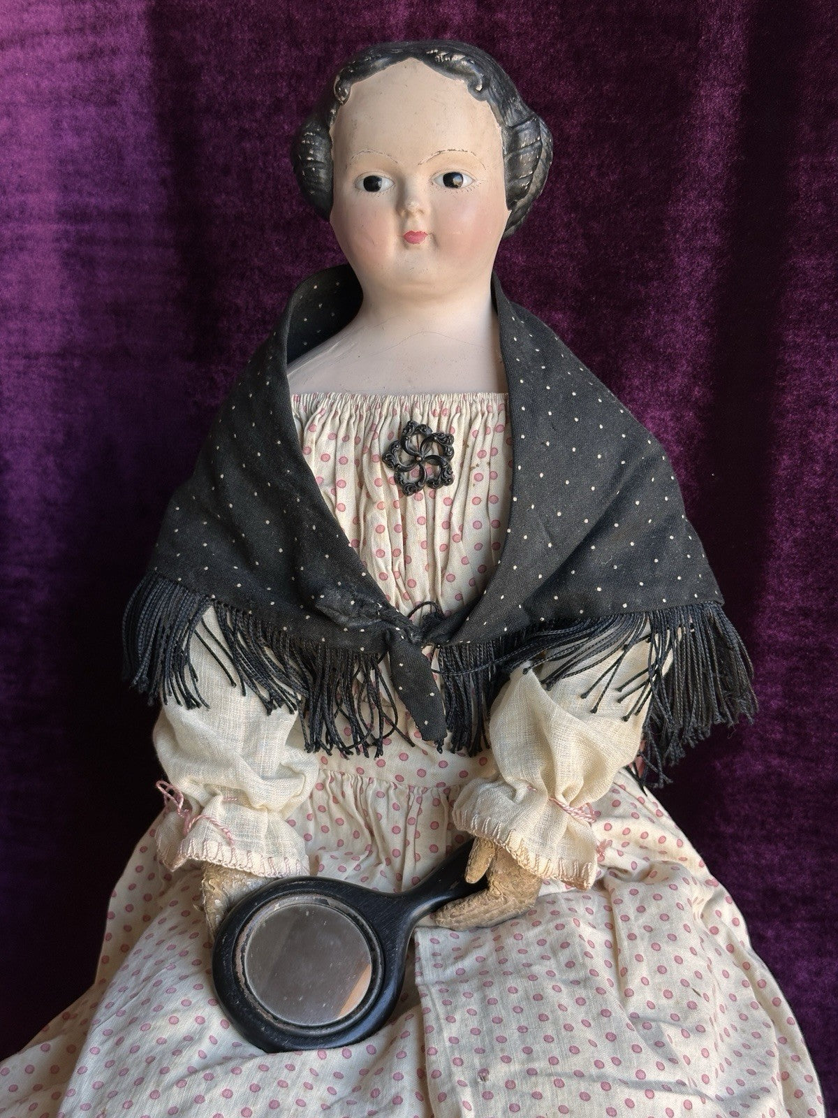 Antique Greiner Style 26” Flat Top Papier Mache Fashion Lady Doll Glass Eyes