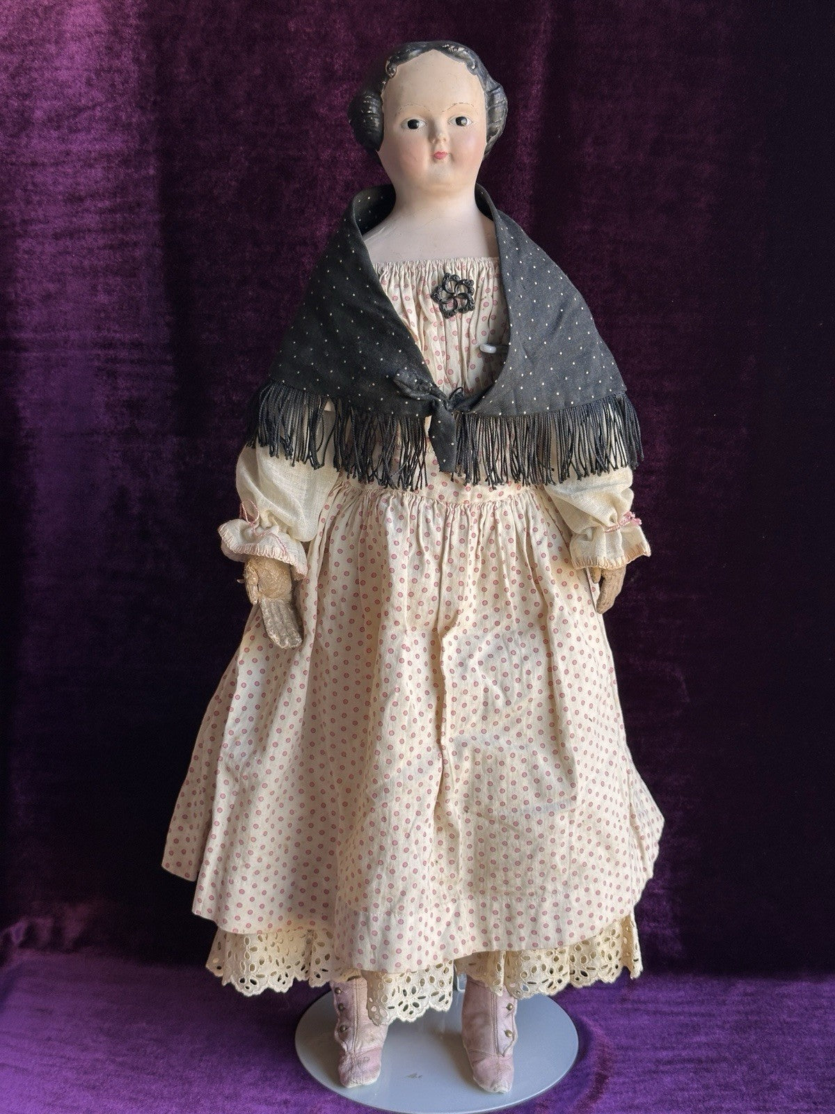 Antique Greiner Style 26” Flat Top Papier Mache Fashion Lady Doll Glass Eyes