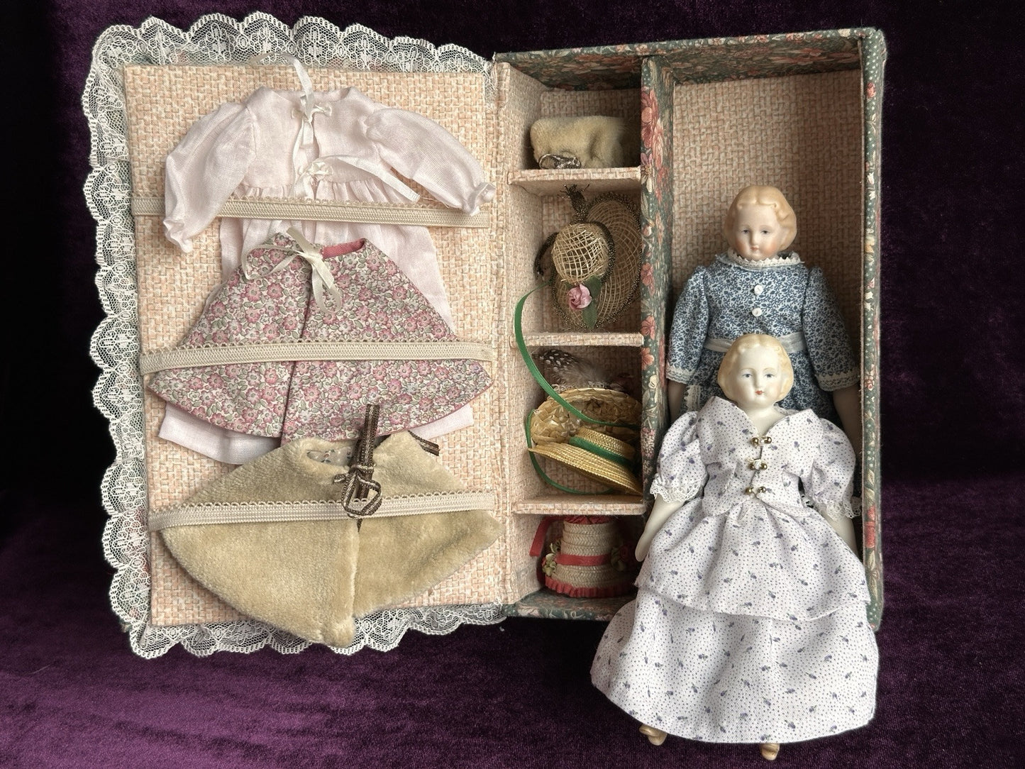 Lot of 2 Vintage Reproduction Miniature Parian Dolls with in Case with Wardrobe