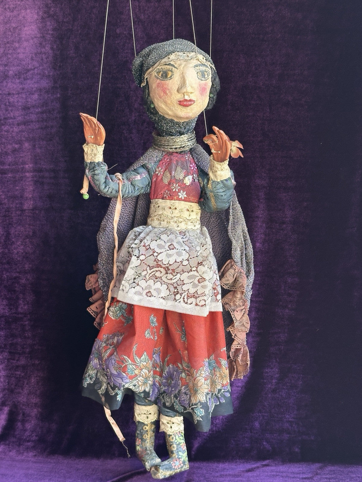 Vintage Handmade 24” Papier Mache Cloth Marionette Puppet Doll