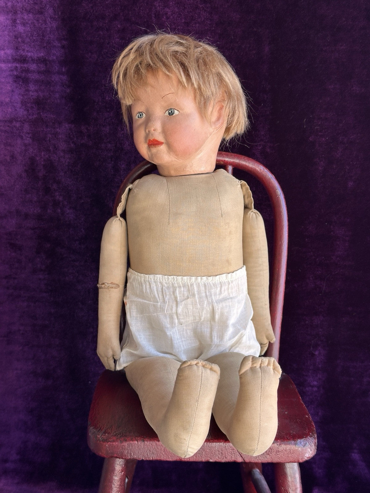 Antique American 19” Kamkins Cloth Oil Painted Doll
