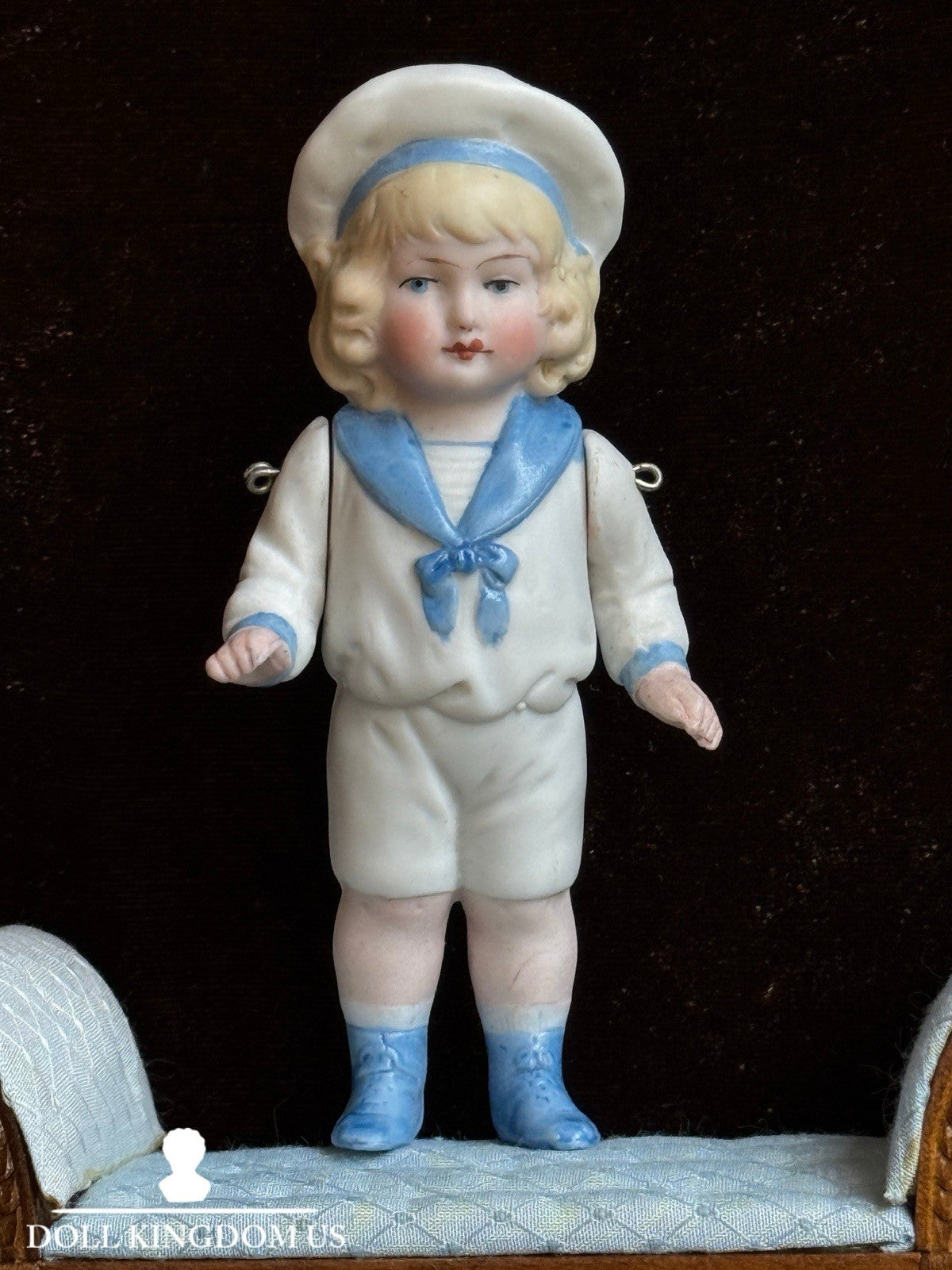 Antique German 4.25” All Bisque Miniature Dollhouse Doll Molded Sailor Outfit
