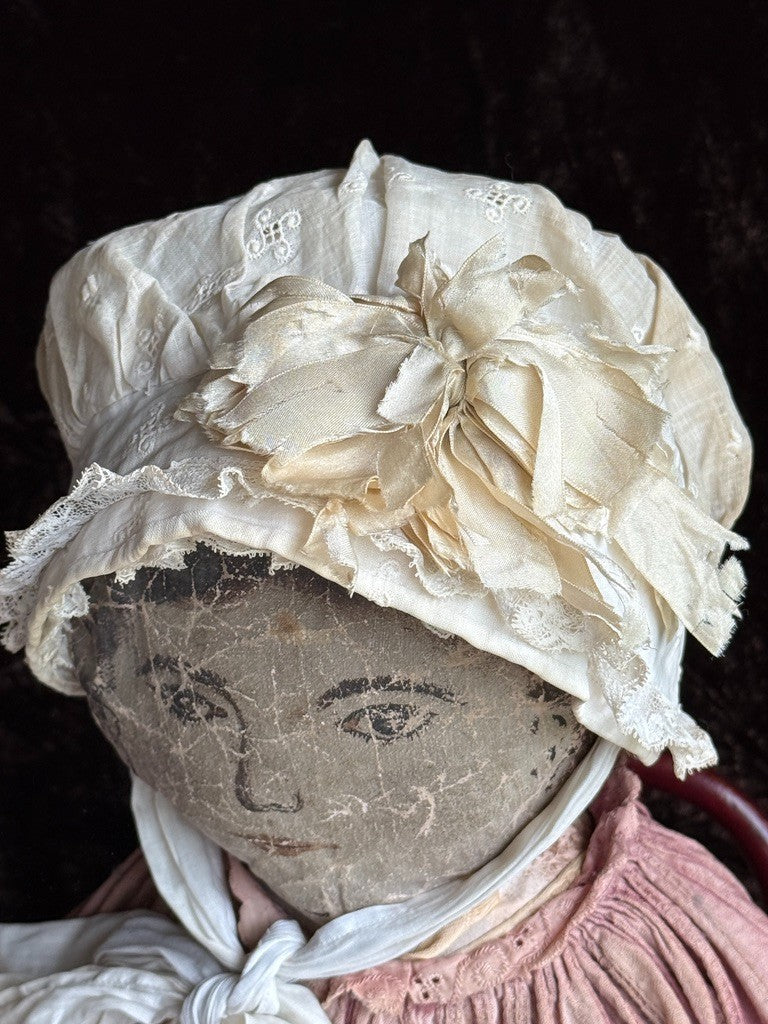 Early Antique American 28” Primitive Folk Cloth Rug Oil Painted Portrait Doll