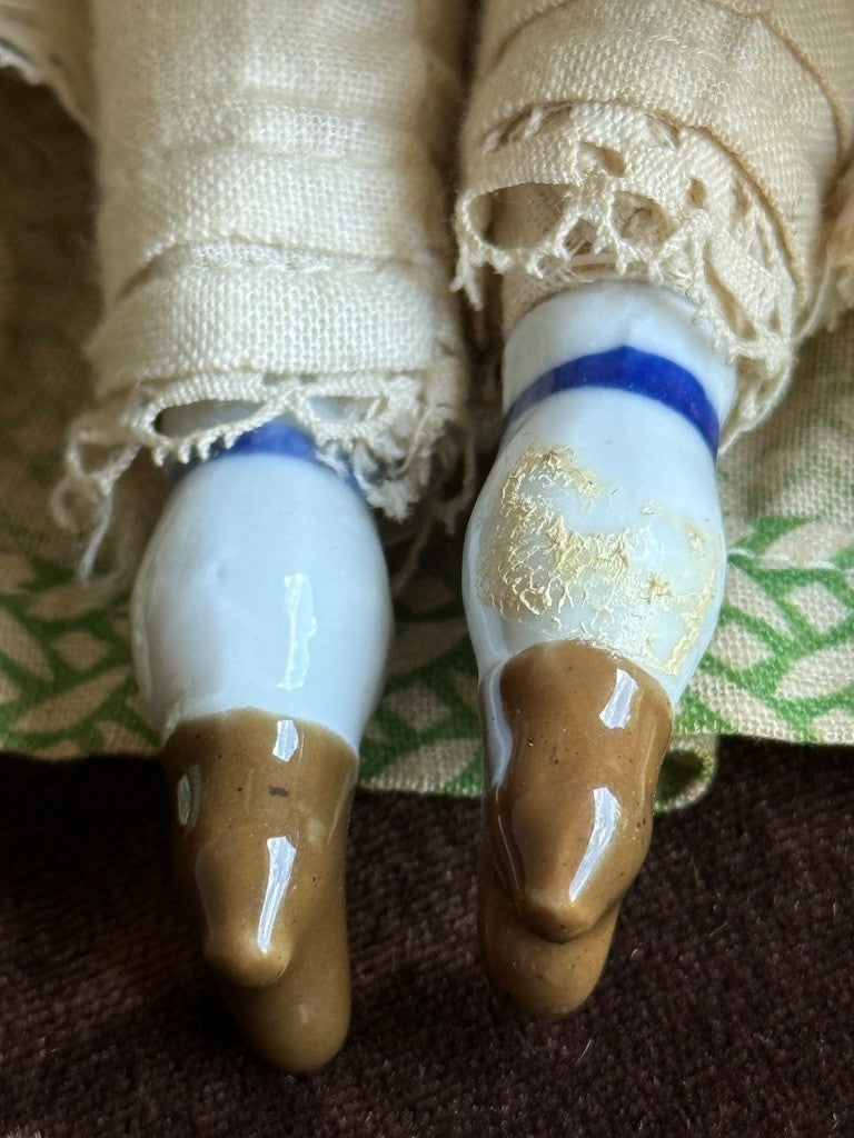 Antique German 7.5” Bisque Cloth Miniature Dollhouse Parian Girl Doll