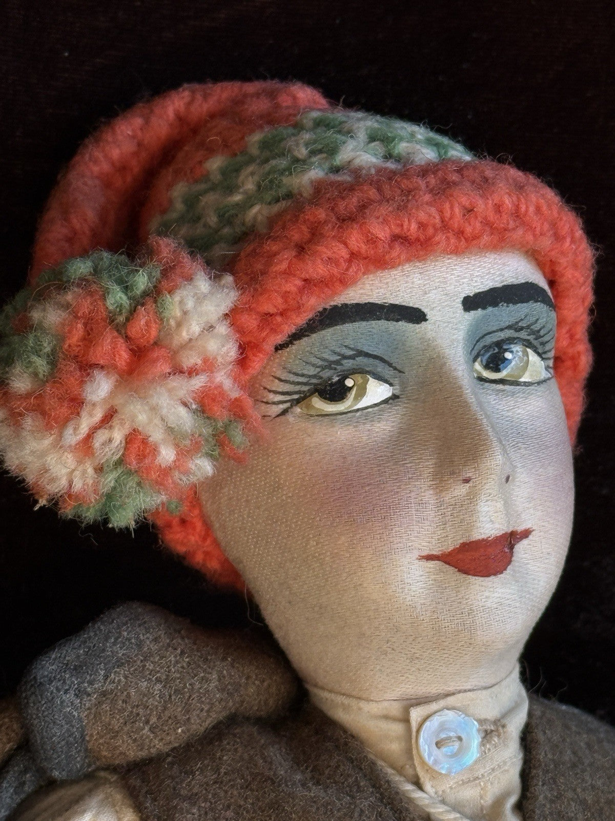 Vintage Art Deco 14” French Boudoir Style Cloth Face Mask Smoker Character Doll