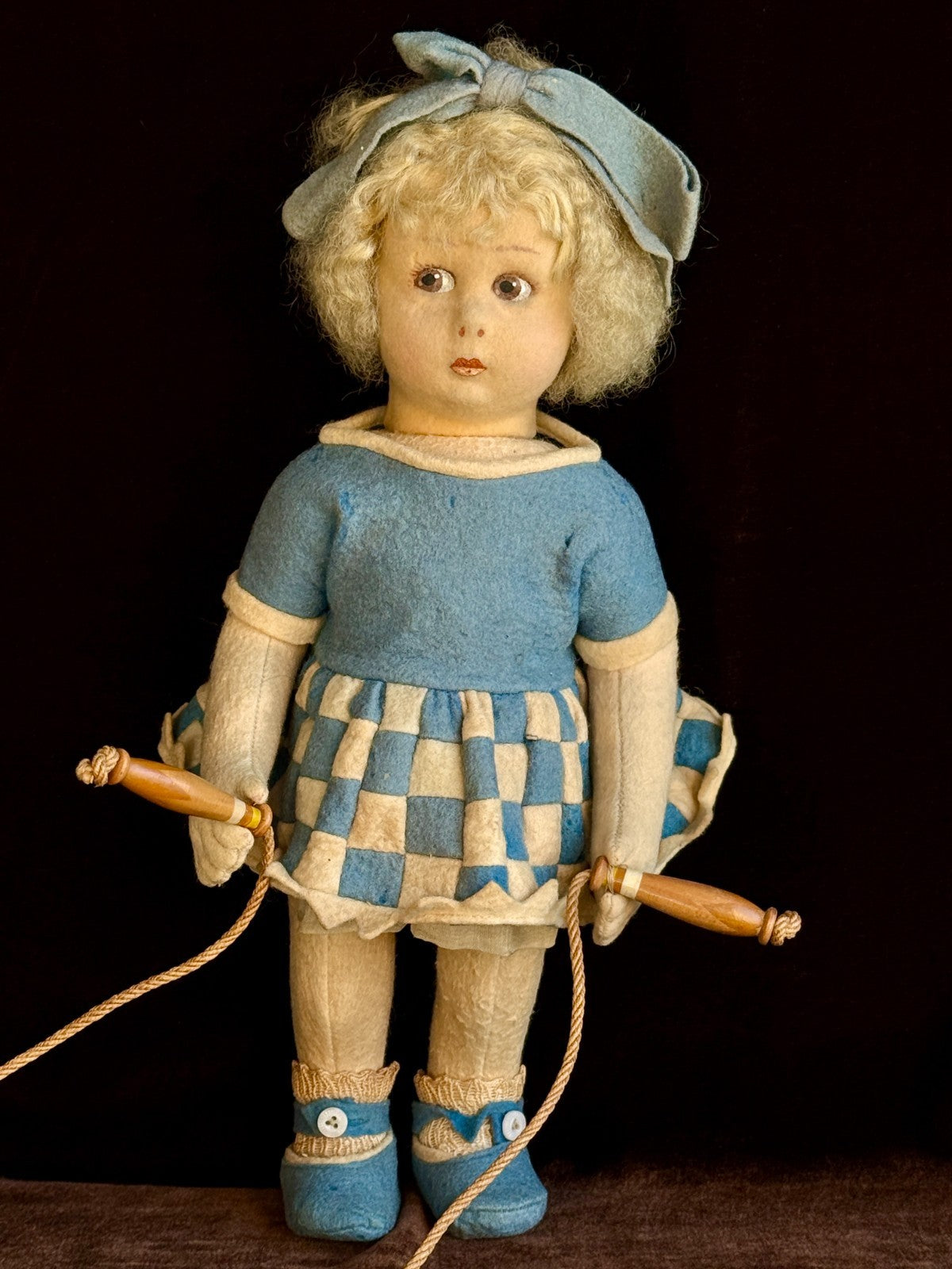 Vintage Italian 12” Lenci 111 Felt Cloth Character Girl Doll with Jump Rope