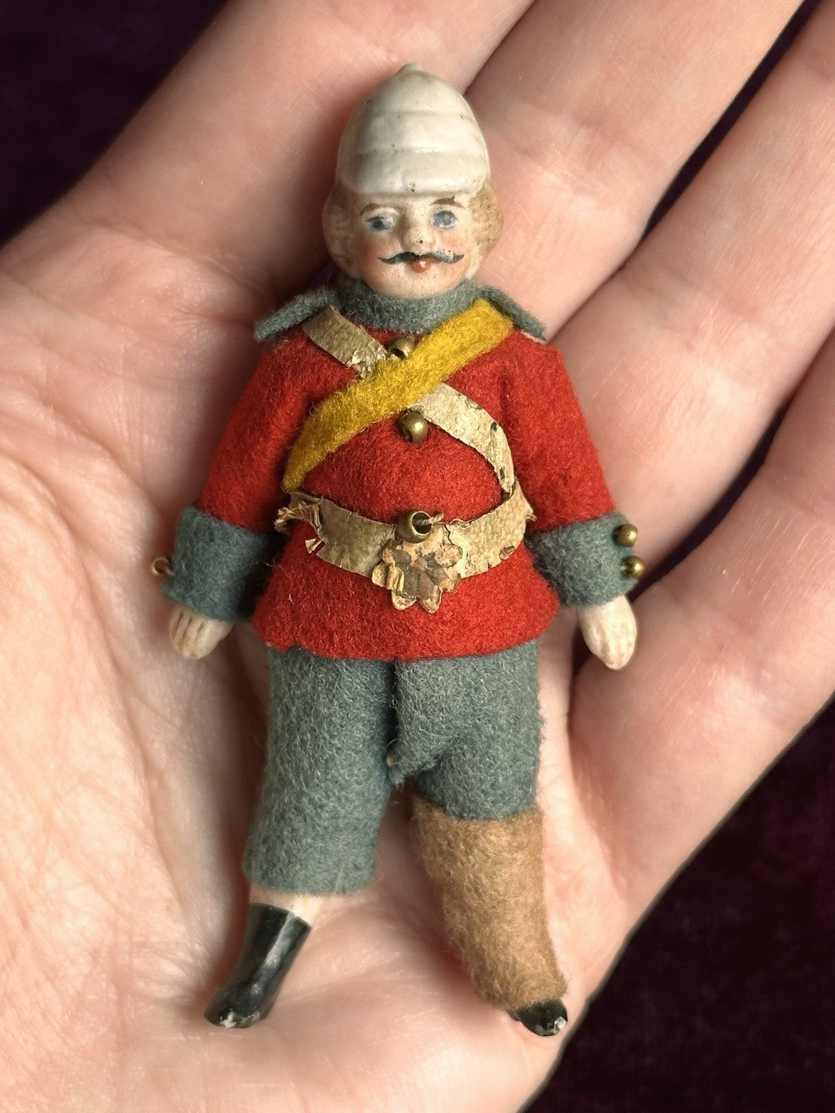 Antique German Kestner Bisque 2.75” Soldier Molded Hat Dollhouse Soldier Doll
