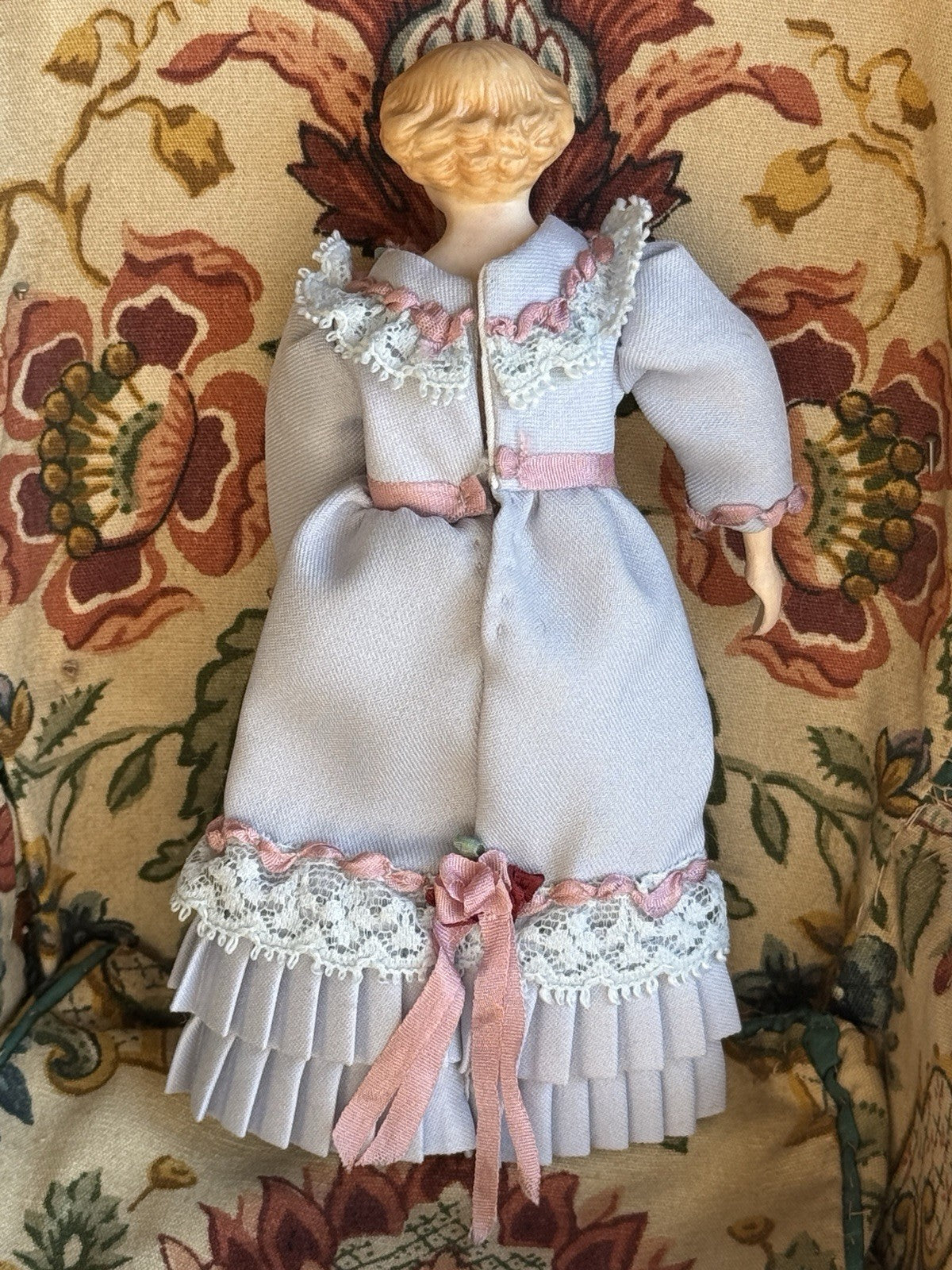 Vintage 5.5” Miniature Reproduction Porcelain Head Wood Body Dollhouse Doll