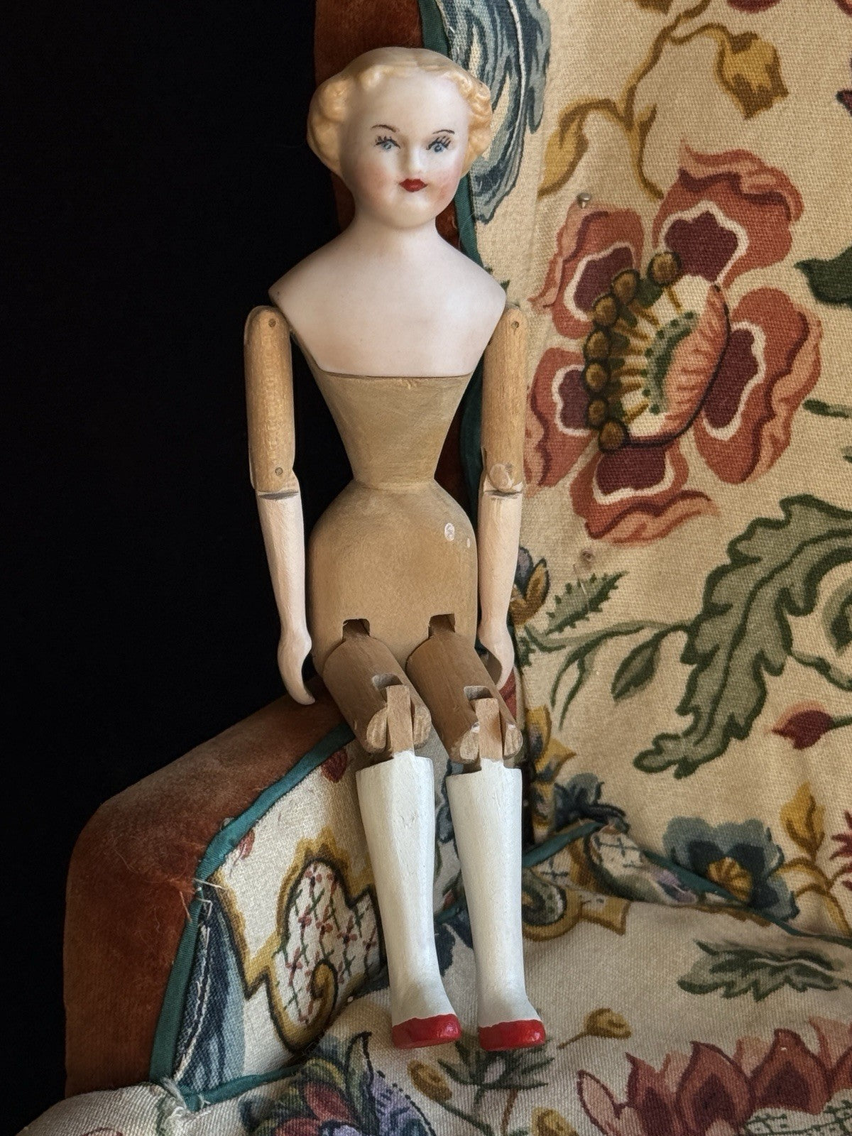 Vintage 5.5” Miniature Reproduction Porcelain Head Wood Body Dollhouse Doll