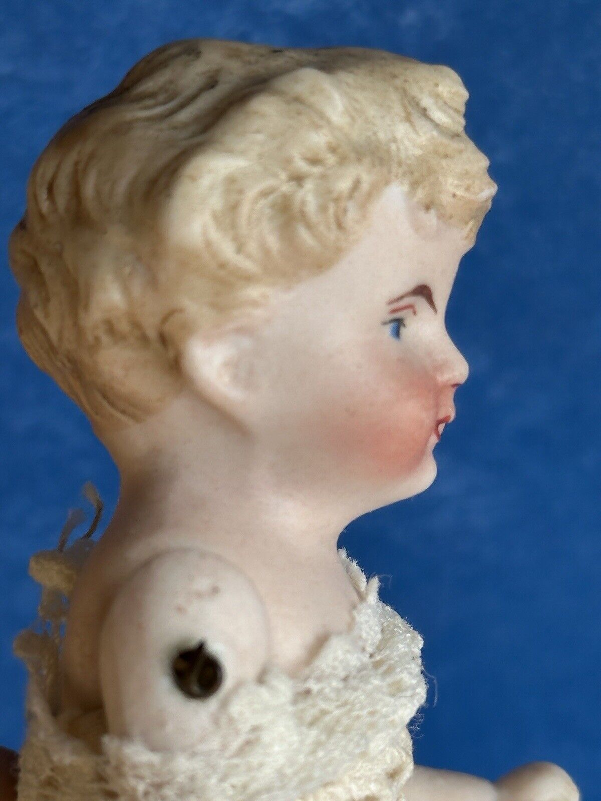 Antique German 3.75” Miniature All Bisque Parian Molded Hair Baby Doll