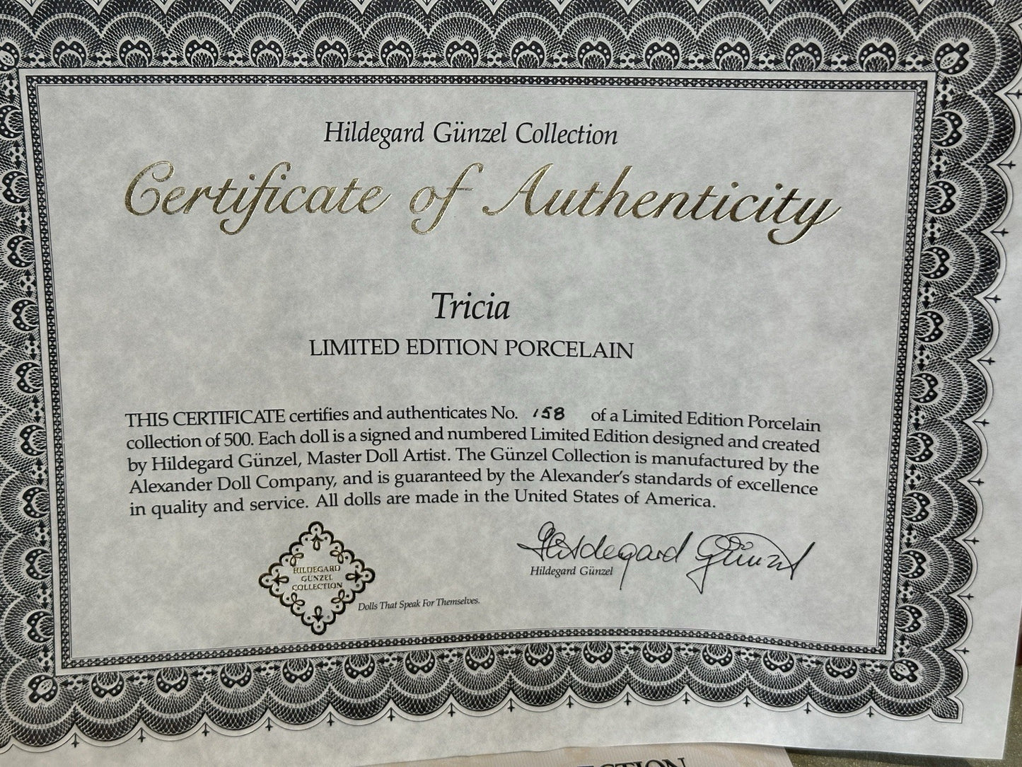 MIB Artist Hildegard Gunzel Porcelain 24” Doll “Tricia” LE 500 Box/COA/Tag