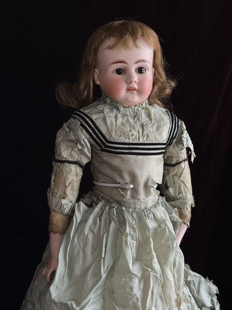 Antique German 23” Early Kestner Turned Bisque Shoulder Head Leather Body Doll