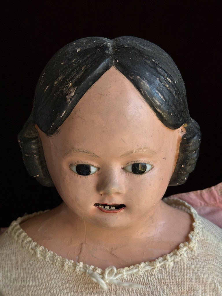 Rare Antique American/French Greiner (?) Papier Mache Glass Eyes Open Mouth Doll