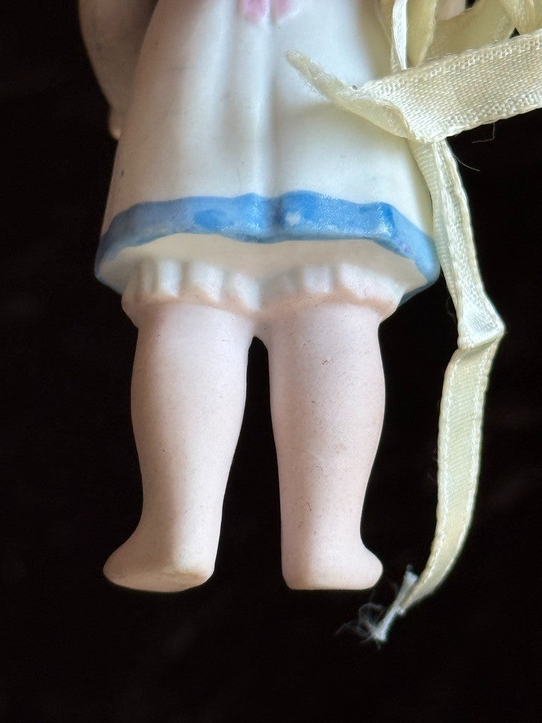 Lot of 2 Antique German 4" All Bisque Miniature Dollhouse Dolls Molded Dresses