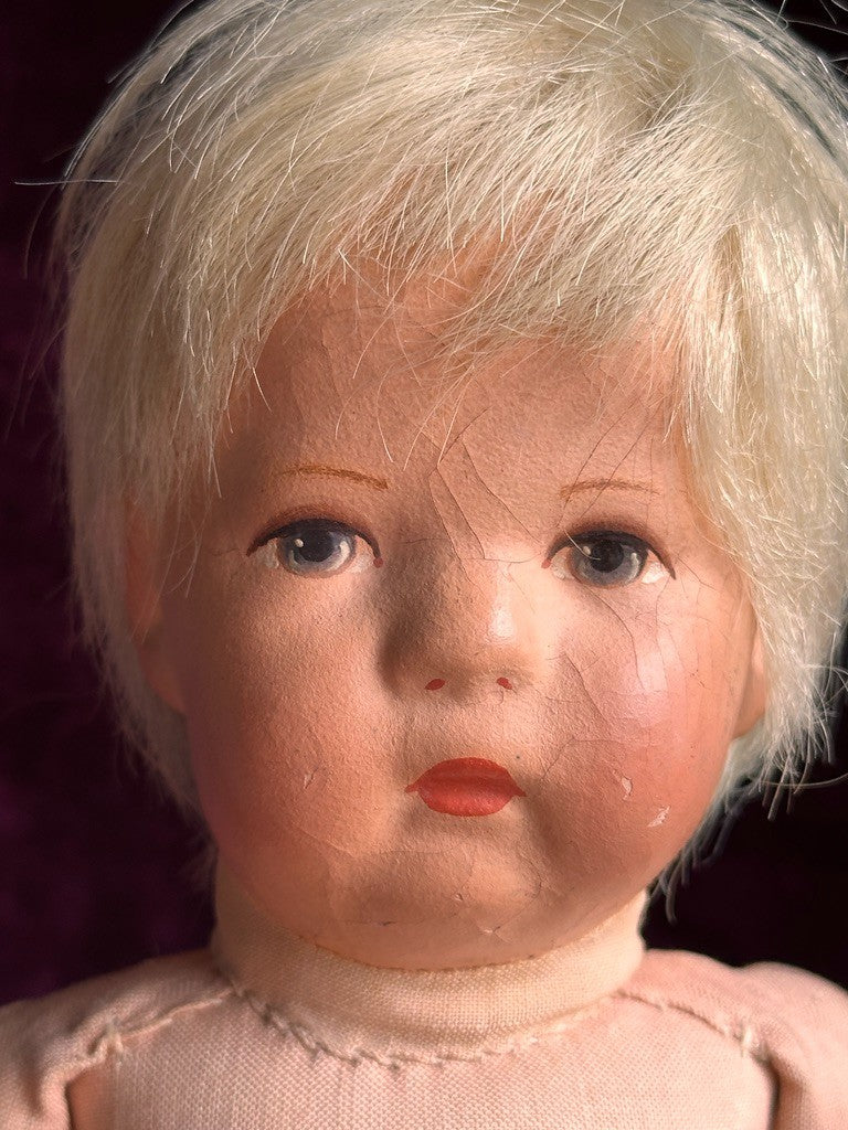 Antique German 14.” Early Kathe Kruse Hampelchen Cloth Doll Human Hair Wig