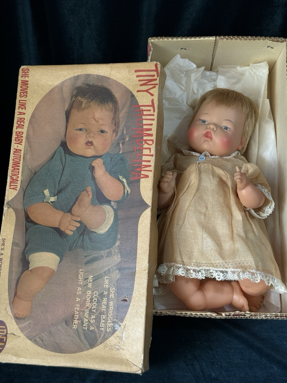 Vintage 1960’s Ideal Thumbelina 14” Doll Working Mechanism Box/Tagged Dress