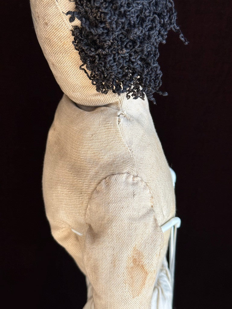 Antique American 21" Primitive Folk Art Cloth Rug Portrait Doll