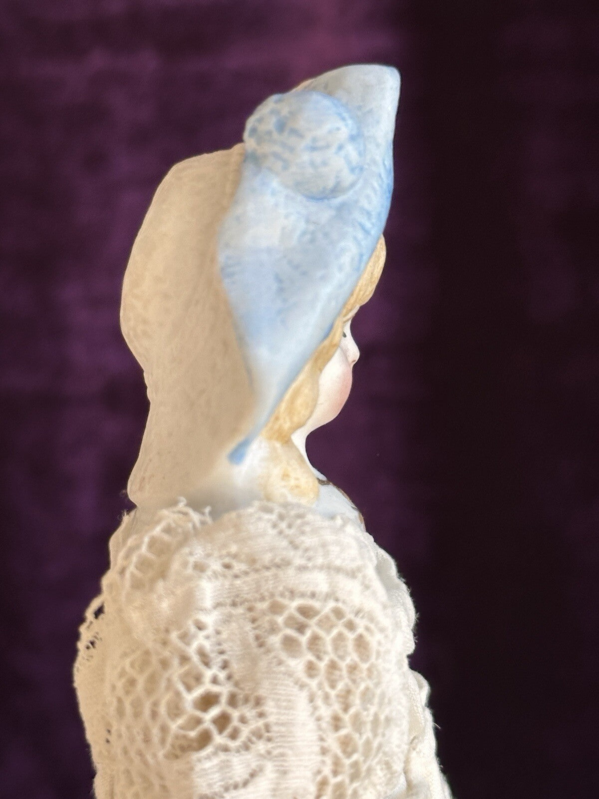 Antique German Miniature  7.5” Hertwig Molded Hat Parian Bisque Head China Doll