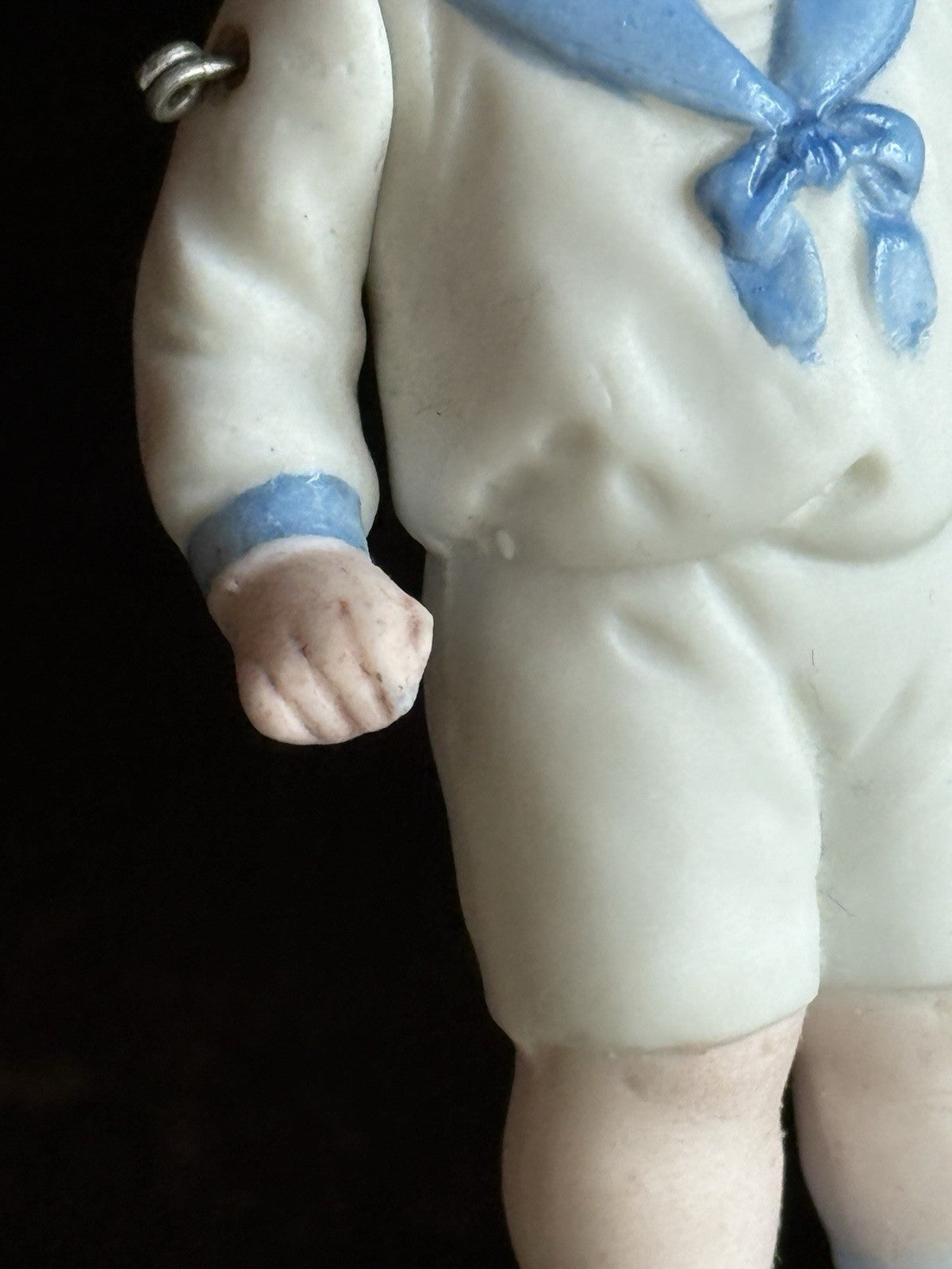 Antique German 4.25” All Bisque Miniature Dollhouse Doll Molded Sailor Outfit