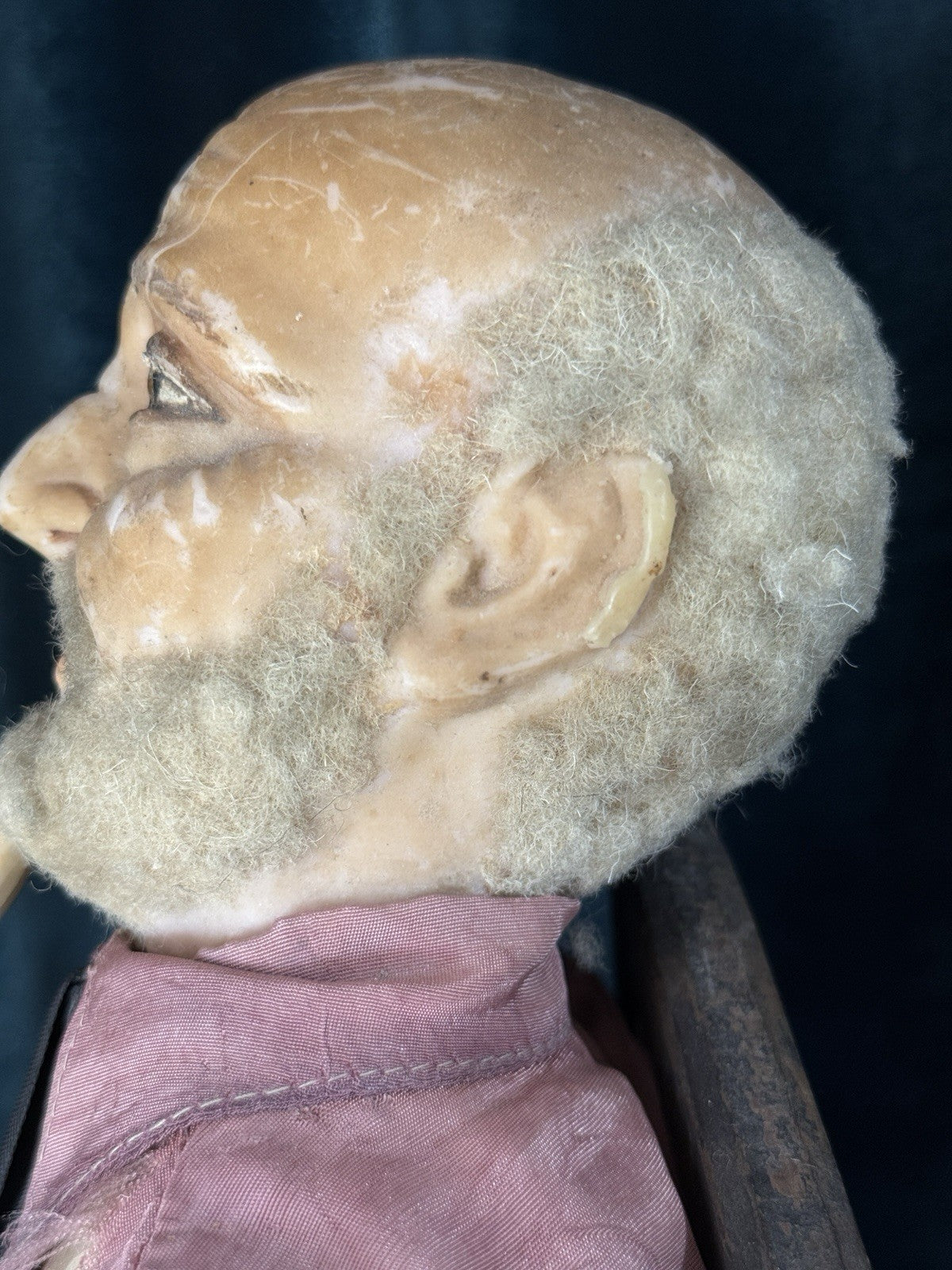 Unidentified Antique (?) Wax Doll Old Men In The Wooden Chair Smoking Pipe