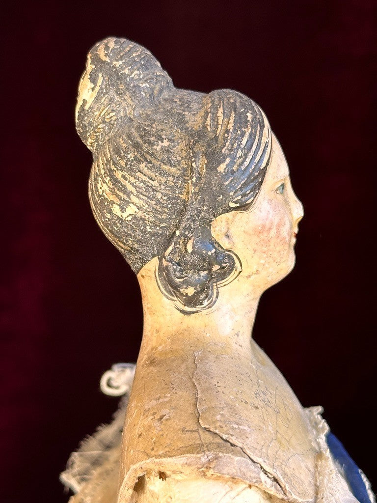 Early Antique German 12” Papier Mache Milliner’s Model Doll with Bun