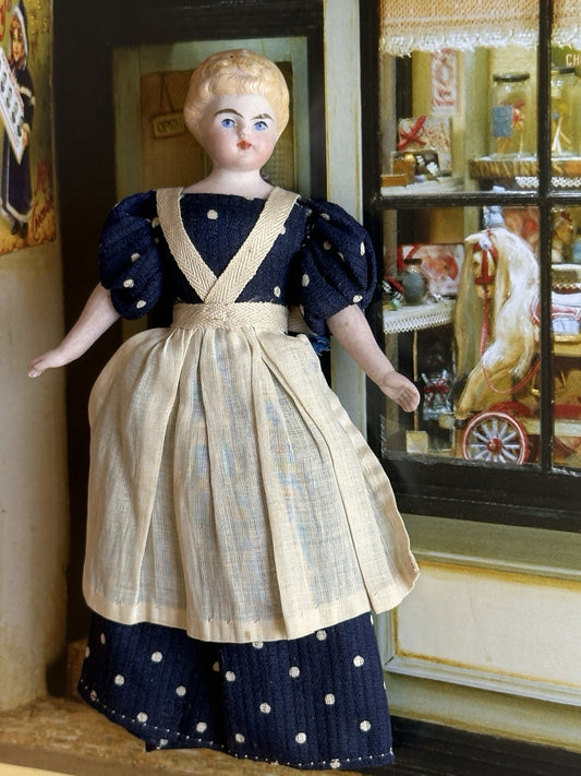 Antique German 5.85” Bisque Cloth Miniature Dollhouse Parian Doll