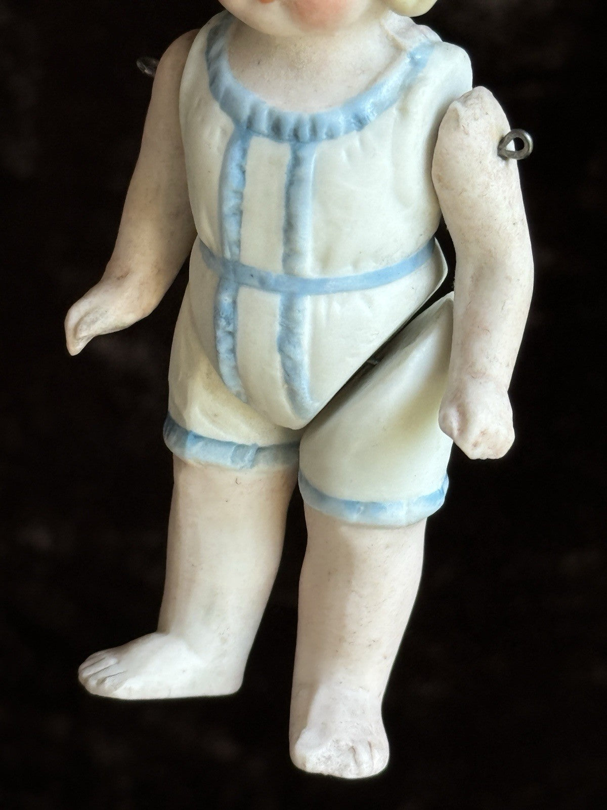 Antique German 4” All Bisque Miniature Dollhouse Doll Molded Outfit