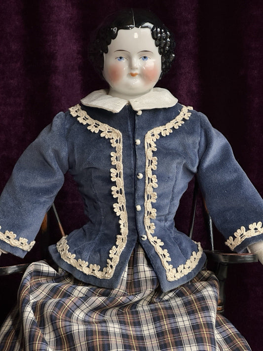 Antique German 19” Flat Top Highbrow Three Holes China Shoulder Head Doll