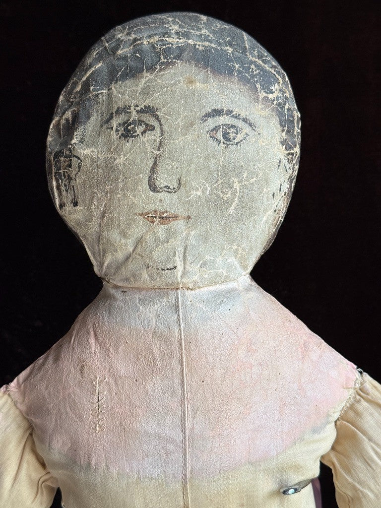 Early Antique American 28” Primitive Folk Cloth Rug Oil Painted Portrait Doll