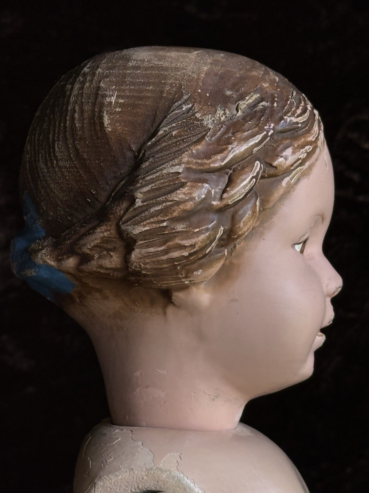 Antique American 16.5” Schoenhut 102 Series Wooden Doll Carved Braided Hair Bow