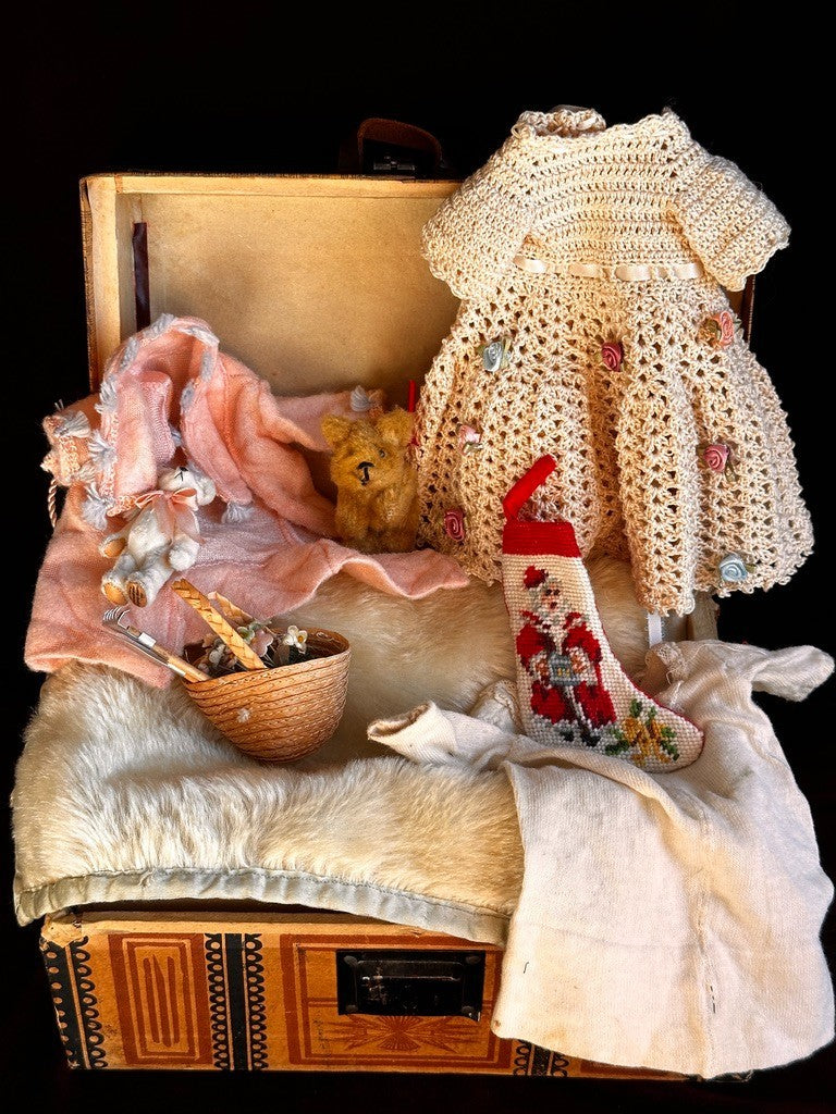Antique German 12” Kestner 143 Bisque Head Doll with Trunk and Extras