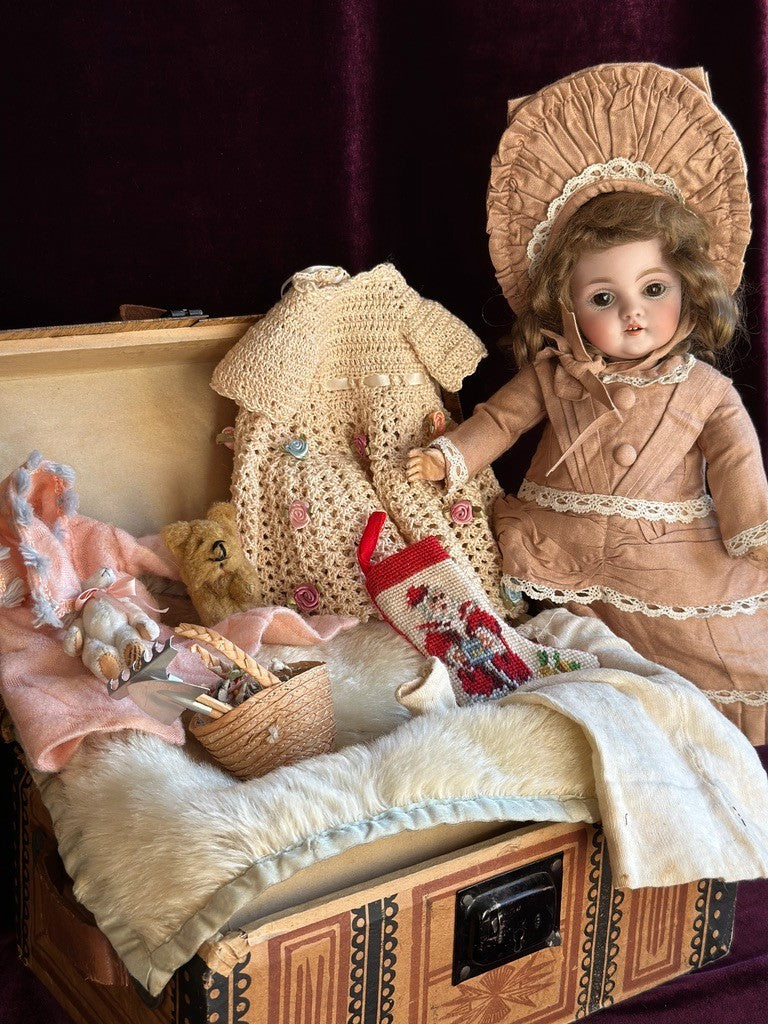 Antique German 12” Kestner 143 Bisque Head Doll with Trunk and Extras