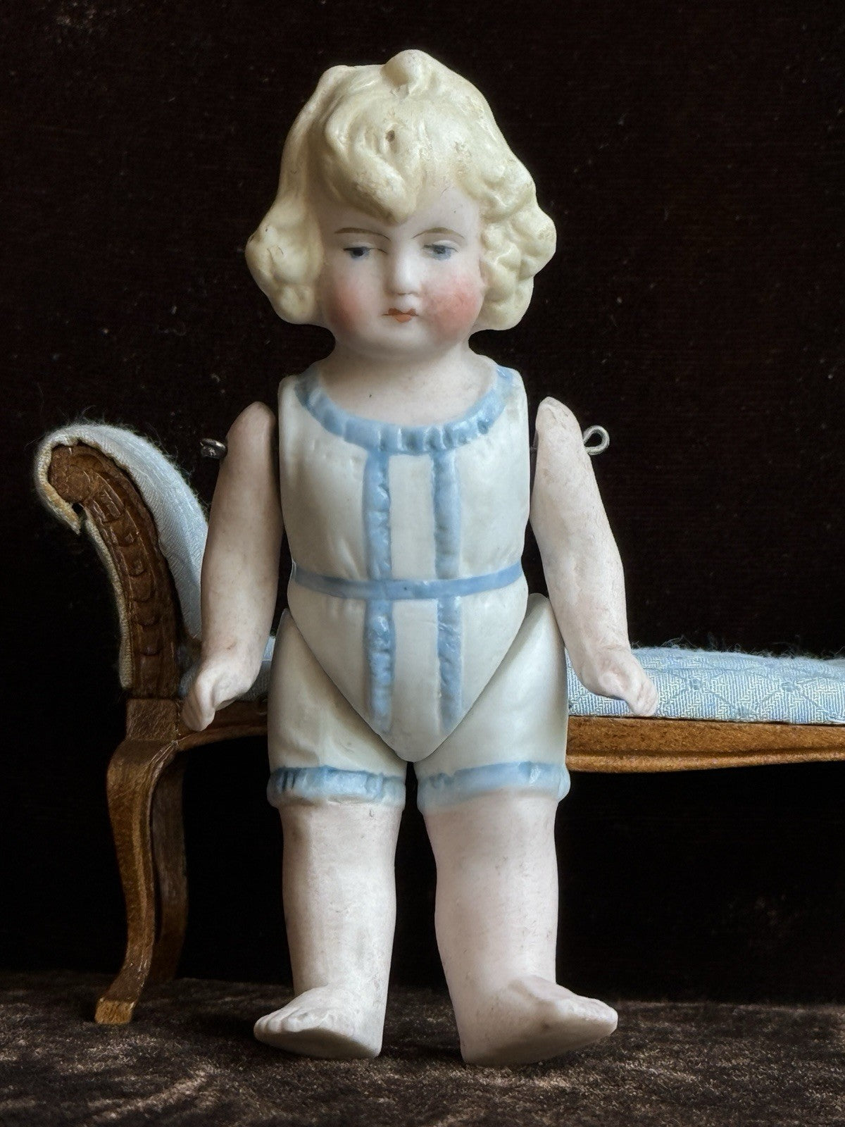 Antique German 4” All Bisque Miniature Dollhouse Doll Molded Outfit