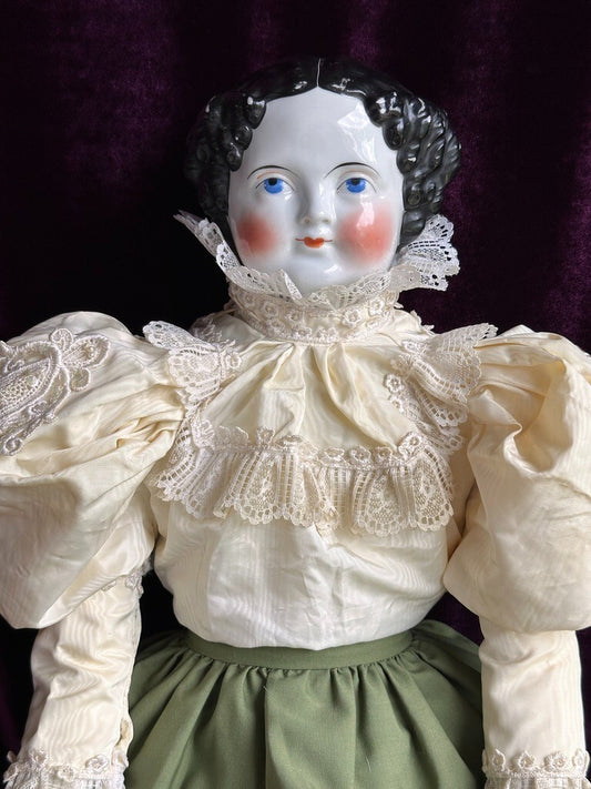Large Antique German 31” Flat Top Highbrow China Shoulder Head Doll