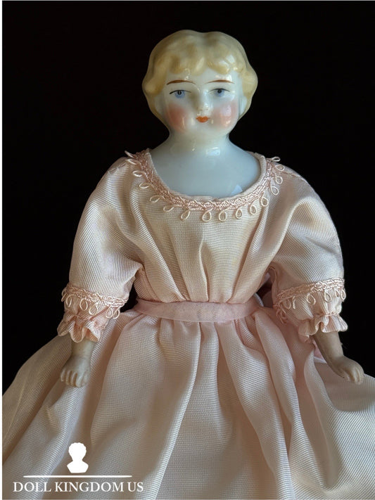 Antique German 7.5” Bisque Cloth Miniature Dollhouse China Doll
