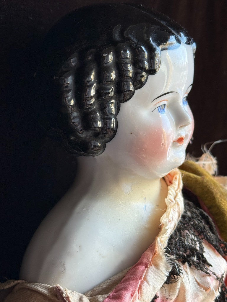 Antique German 21.75” Flat Top Highbrow China Shoulder Head Doll