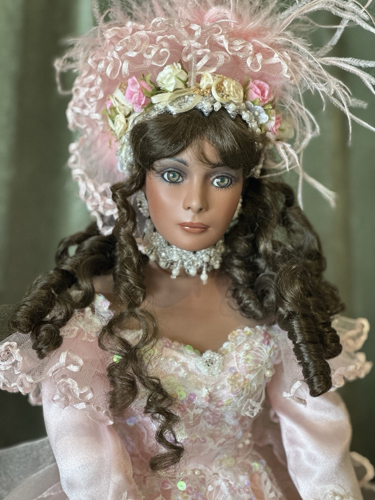 Collectible 26” Porcelain Doll “Pink Shiffon” by Rustie LE 500 Tag/ COA/Stand