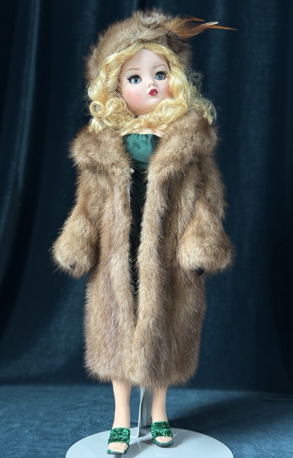 Madame Alexander Cissy Doll In Green Taffeta Dress and Real Fur  (Mink?) Coat