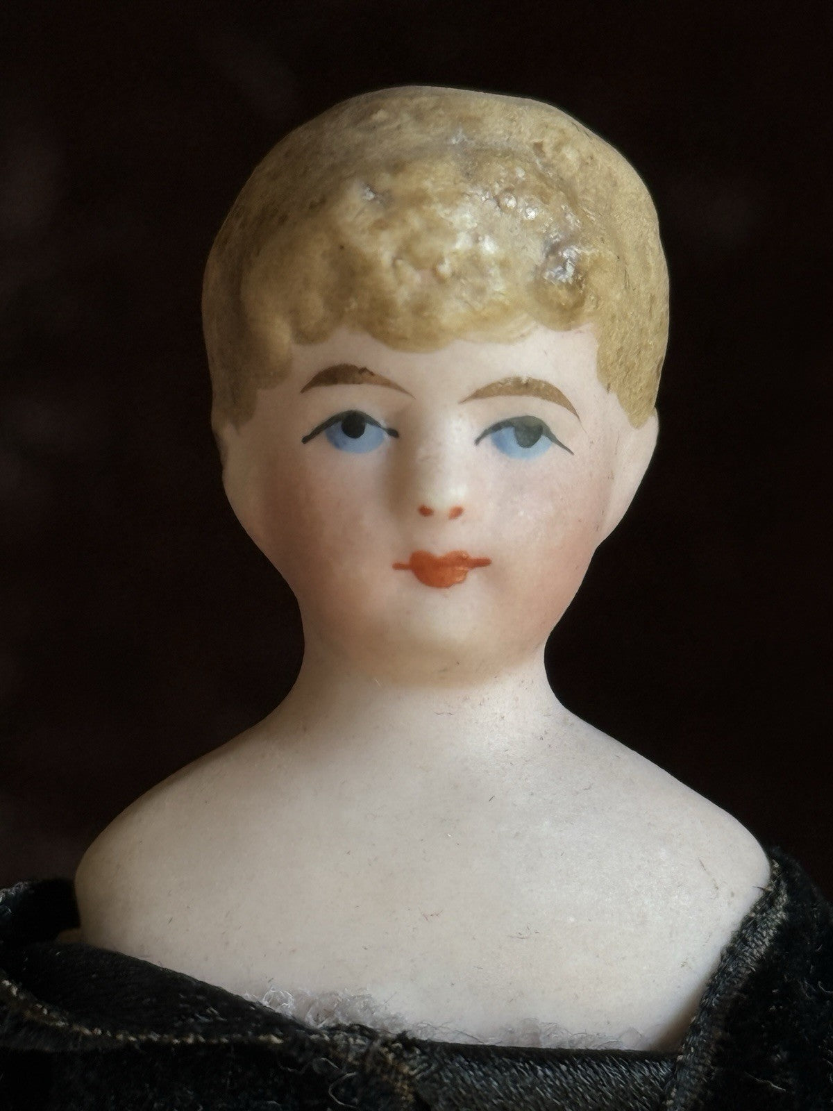 Antique German 5.875” Bisque Cloth Miniature Dollhouse Parian Doll with Bun