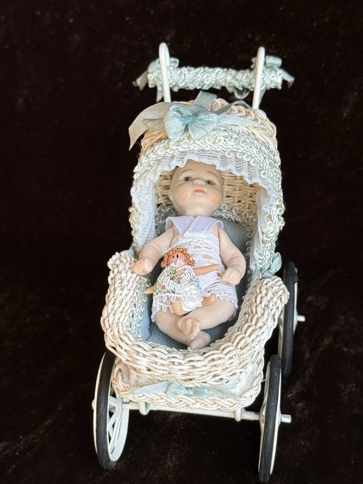 Lot of Miniature Dollhouse Buggy and Porcelain Baby Doll