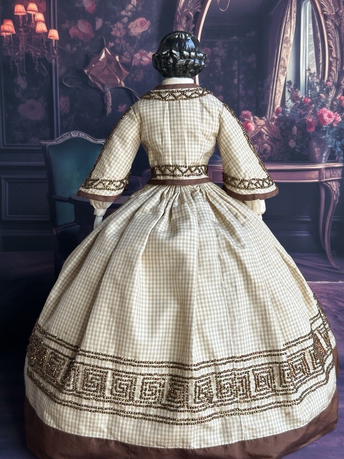 Antique German 17” Flat Top Highbrow Brunette China Head Doll
