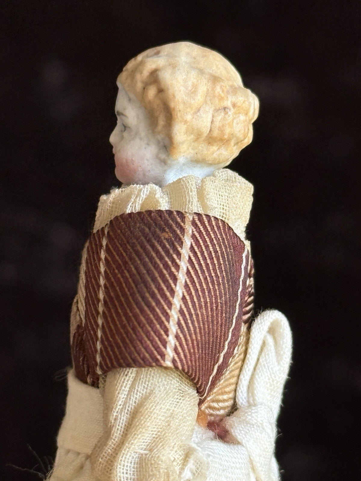 Antique German 3.5” Bisque Cloth Miniature Dollhouse Flat Top Parian Girl Doll