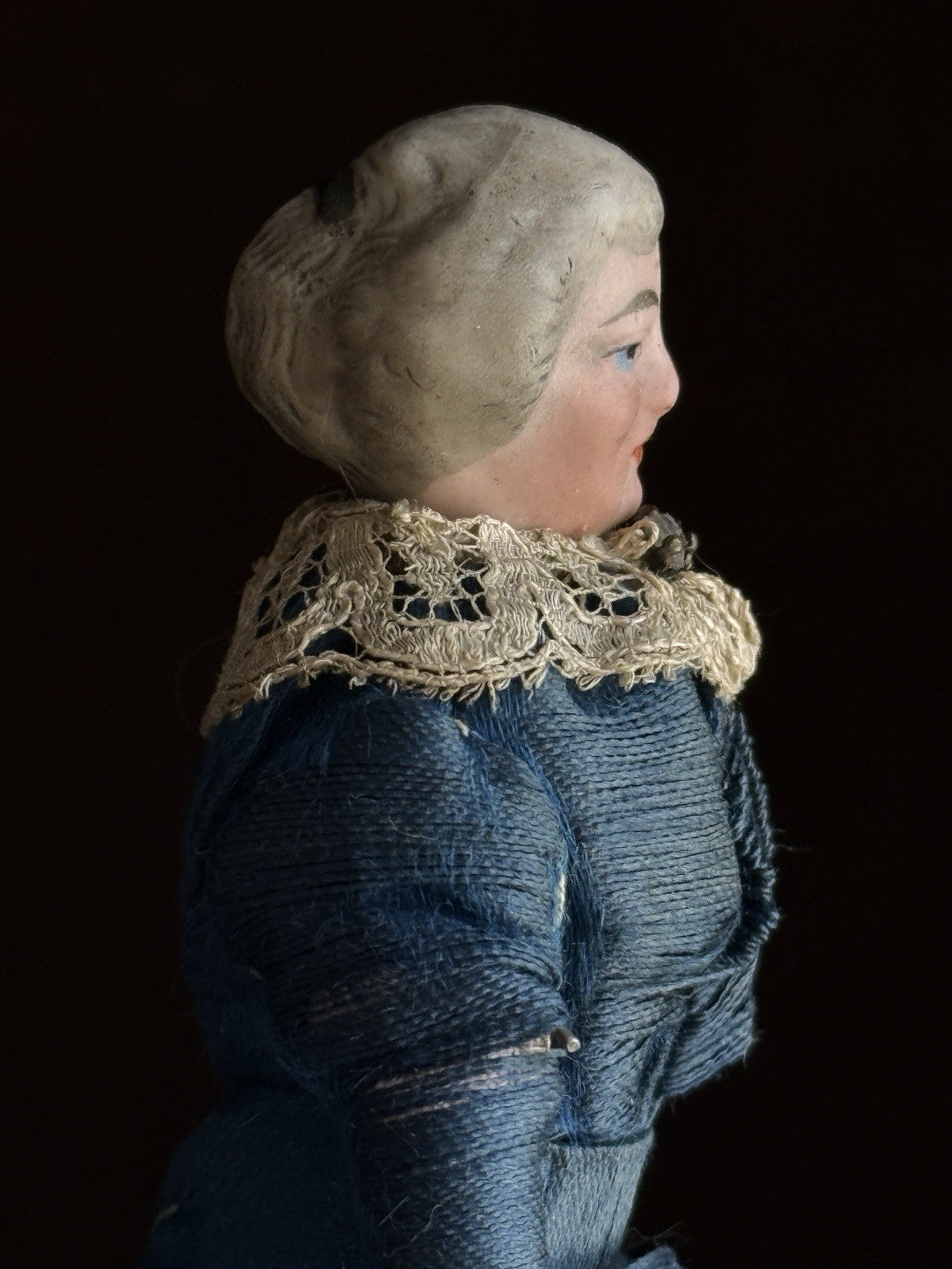 Antique German 5” Bisque Cloth Miniature Dollhouse Parian Character Doll