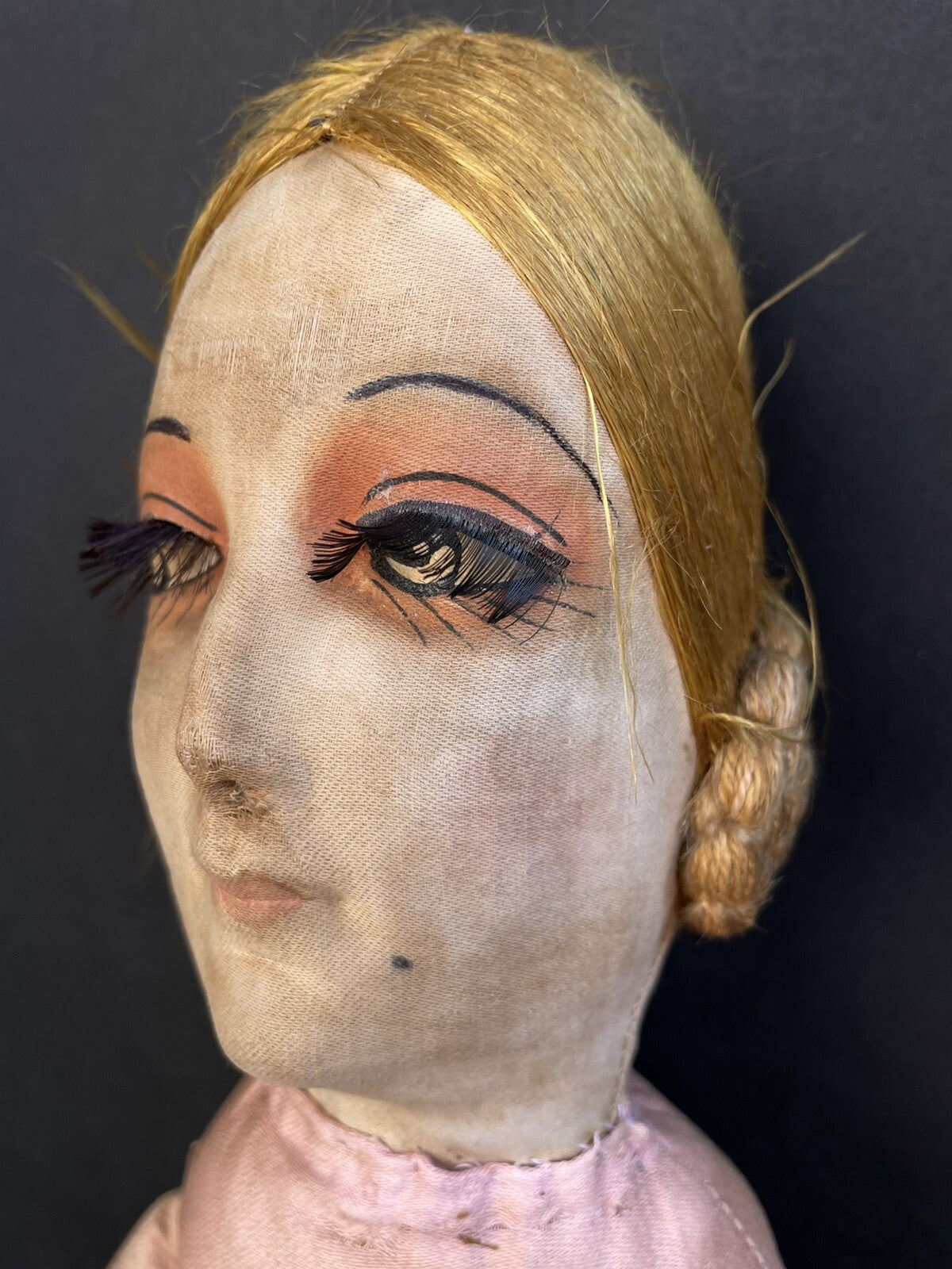 Antique Art Deco 30” French Boudoir Flapper Cloth Face Mask Doll