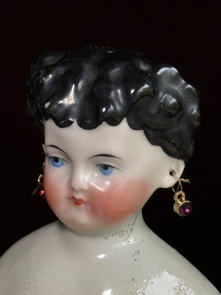Antique German 14” Young Dagmar Style China Shoulder Head Doll Pierced Ears