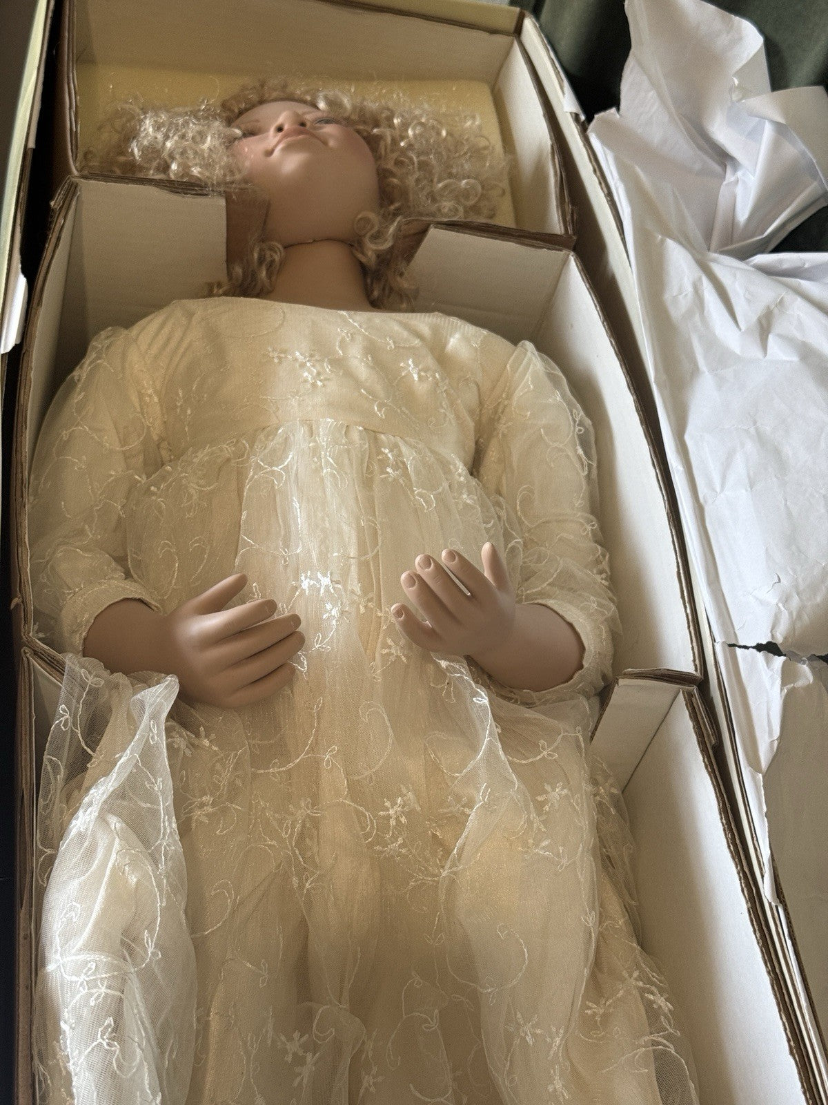 Lifelike 37” Collectible Porcelain Doll “Hilary” (?) by Christine Orange Box