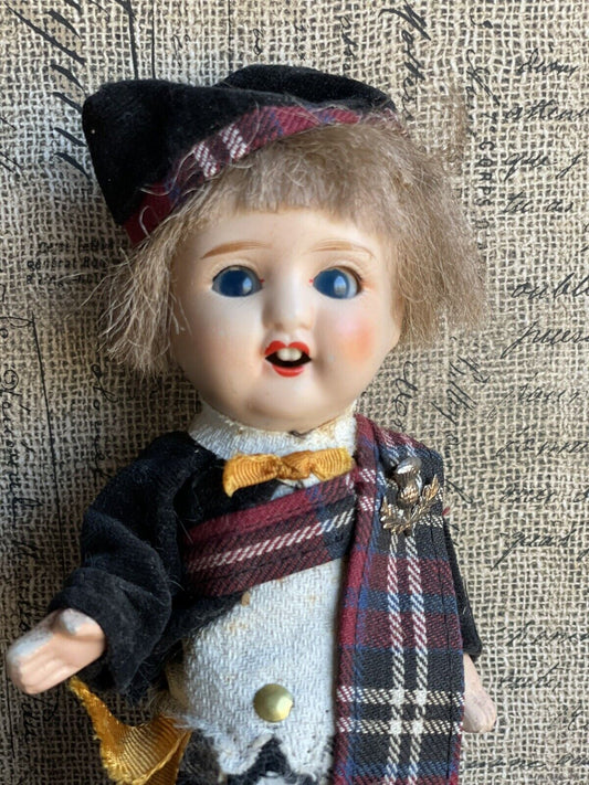Antique German (?) 8” All Bisque Scottish Boy Doll in Original Box