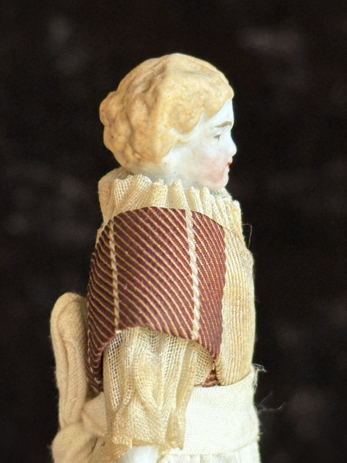 Antique German 3.5” Bisque Cloth Miniature Dollhouse Flat Top Parian Girl Doll