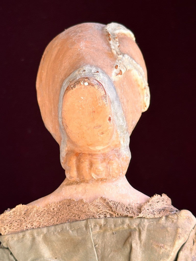 Antique German 18.75” Wax Over Papier Mache Milliner’s Model Molded Bonnet Doll